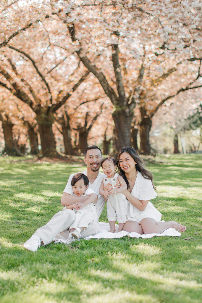 Family photo session in Vancouver WA cherry blossom photographer.