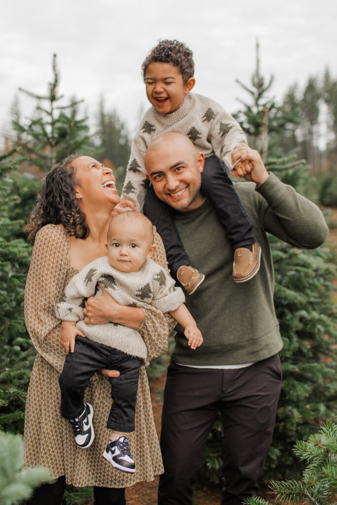 Adorable, joyful holiday family photos at a Vancouver WA Christmas Tree Farm.