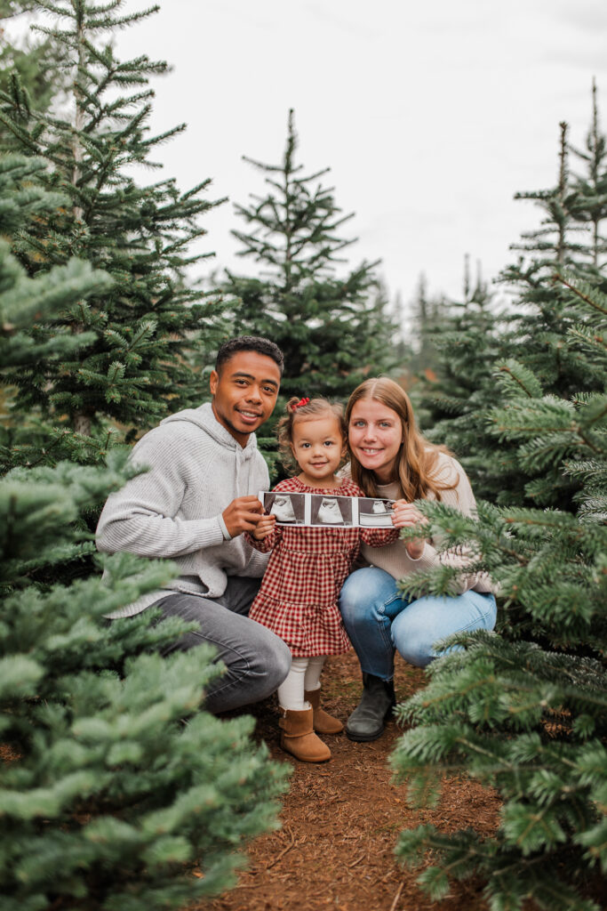 Pregnancy announcement during Tree Farm Family Photos Near Vancouver WA