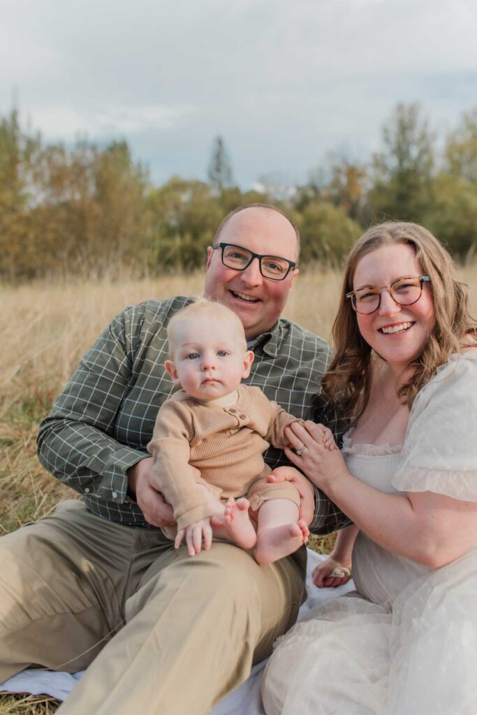 Family photographer Camas WA fall field session with a baby