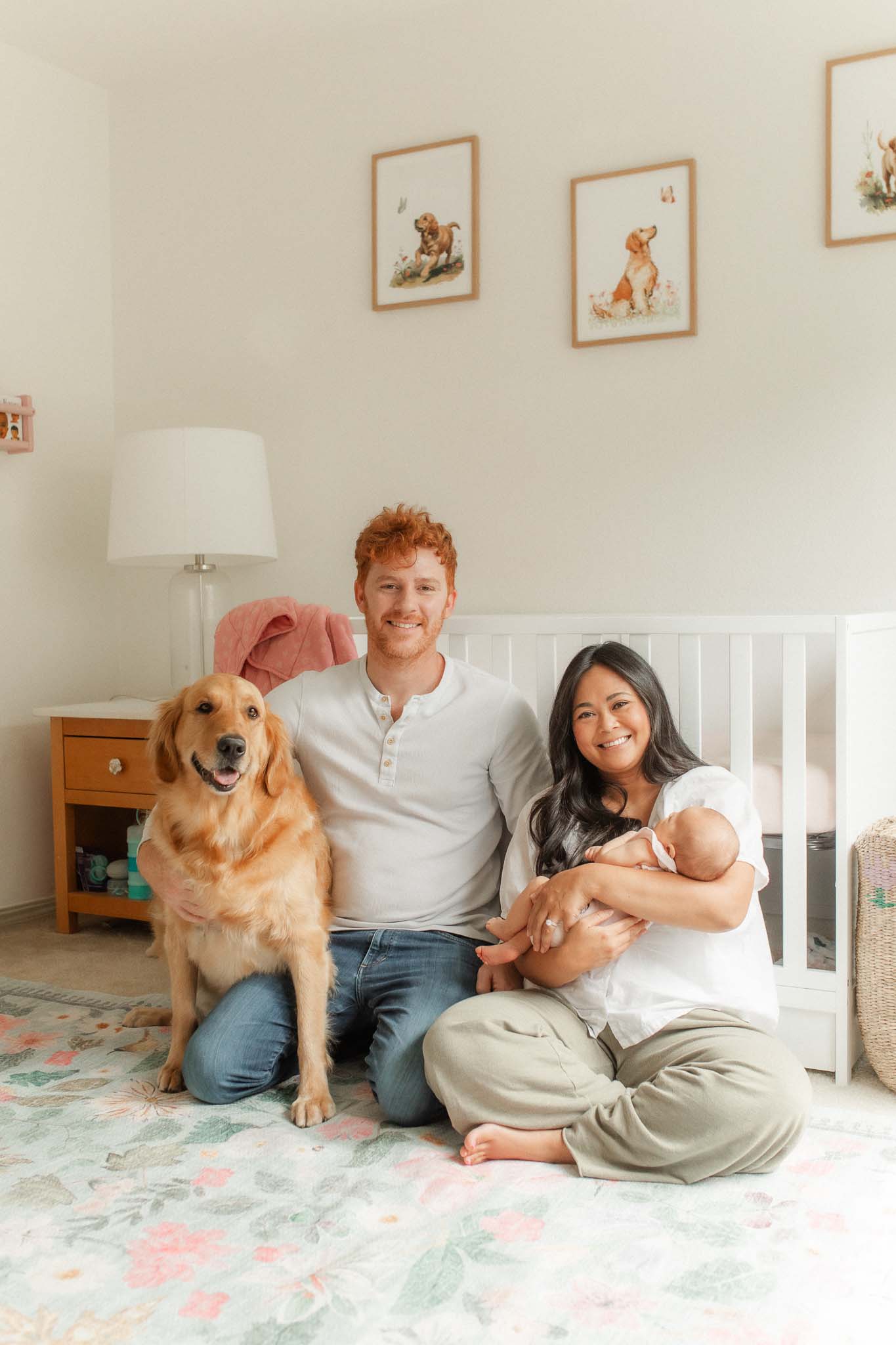 Backyard family portrait with newborn and dog during a lifestyle newborn session in Washougal Washington