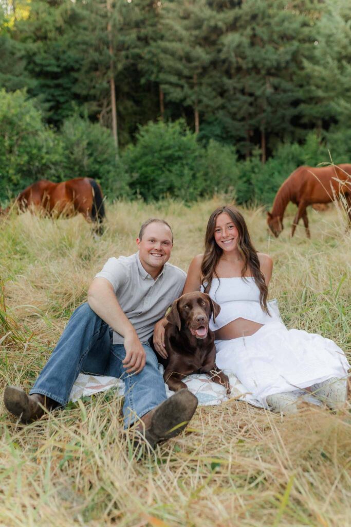 Joyful outdoor maternity photos during golden hour in Southwest Washington