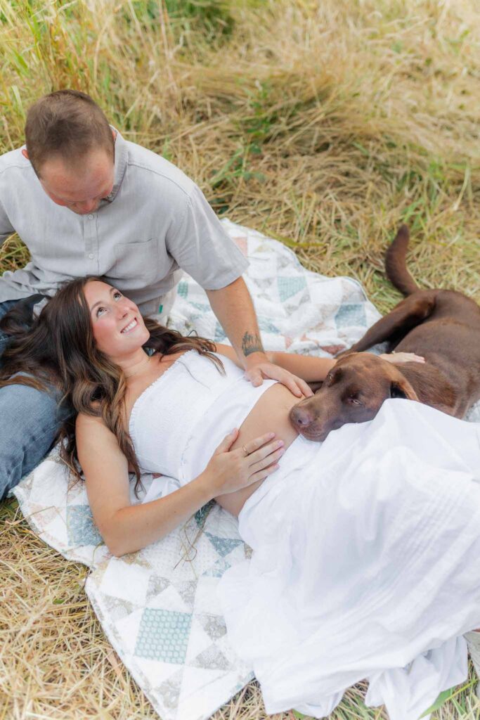 Joyful outdoor maternity photos during golden hour in Southwest Washington